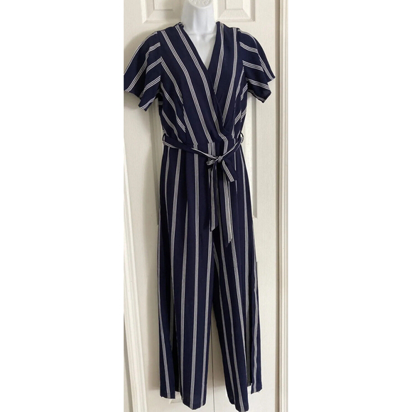 Monteau Los Angeles Sz M Blue White Stripe Casual/Lounge Jumpsuit Slit Wide Leg - Picture 7 of 10